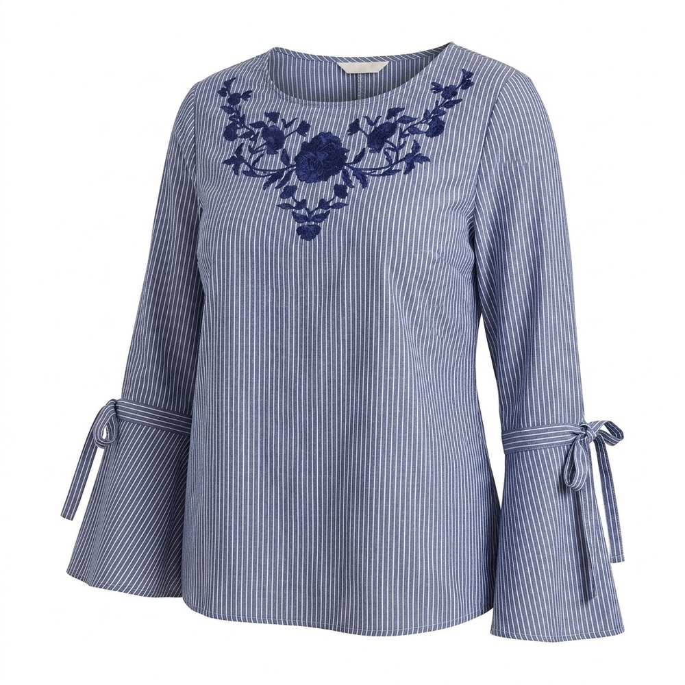 NY&Co Pinstripe Embroidered Peasant Blouse Size XL Bell Sleeve Bohemian Cotton